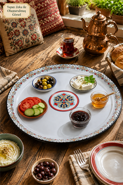 60 No Emaye Sini Sofra, Yemek Sunum Tepsi, Yer Sofrası Çinko ~58 Cm