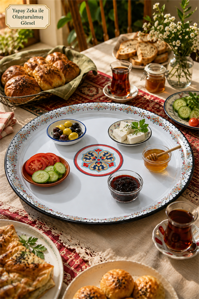 60 No Emaye Sini Sofra, Yemek Sunum Tepsi, Yer Sofrası Çinko ~58 Cm