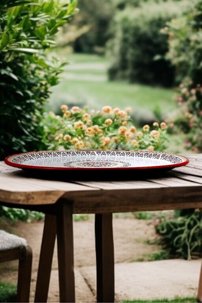 60 No kırmızı kenar Emaye Sini Sofra, Yemek Sunum Tepsi, Yer Sofrası Çinko ~58 Cm 1mm KALIN ÜRÜN