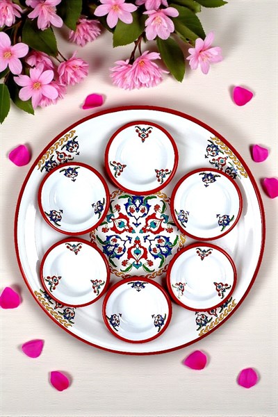 7 Parça Büyükboy çırağan Desenli Emaye Kahvaltı Seti, Sunum, Kahvaltı Tabağı, Reçellik, Çeyiz