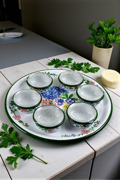 7 Parça Büyükboy kapaklı Emaye Kahvaltı Seti, Sunum, Kahvaltı Tabağı, Reçellik, Çeyiz