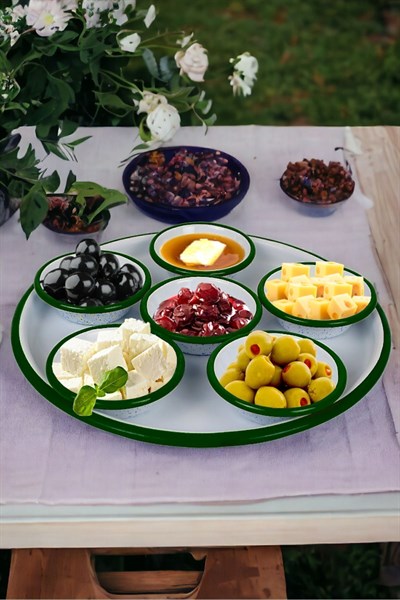7 Parça Küçükboy Emaye Kahvaltı Seti, Sunum, Kahvaltı Tabağı, Reçellik, Zeytin, Peynir Tabağı, Çeyiz