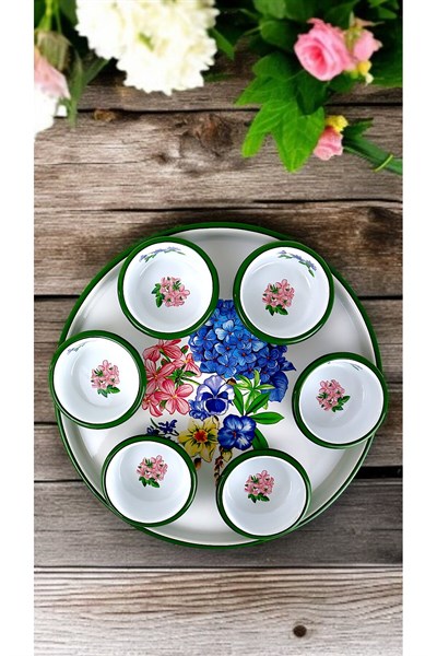 7 Parça Orta Boy Desenli Emaye Kahvaltı Seti,Sunum,Kahvaltı Tabağı, Reçellik,Zeytin, Peynir Tabağı