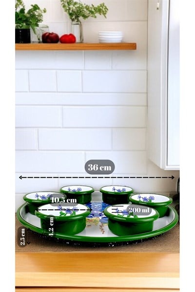 7 Parça Orta Boy Desenli Emaye Kahvaltı Seti,Sunum,Kahvaltı Tabağı, Reçellik,Zeytin, Peynir Tabağı