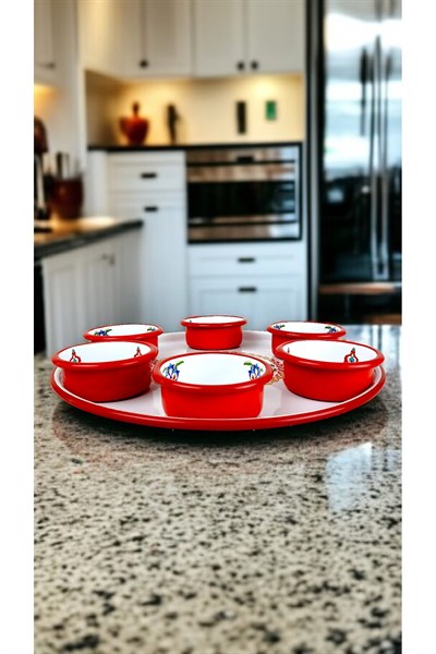 7 Parça Orta Boy Desenli Emaye Kahvaltı Seti,Sunum,Kahvaltı Tabağı, Reçellik,Zeytin, Peynir Tabağı