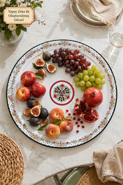 70 No Emaye Sini Sofra, Yemek Sunum Tepsi, Yer Sofrası Çinko ~68 Cm