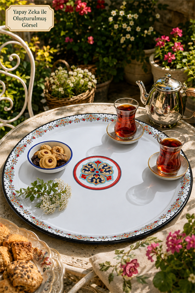 70 No Emaye Sini Sofra, Yemek Sunum Tepsi, Yer Sofrası Çinko ~68 Cm
