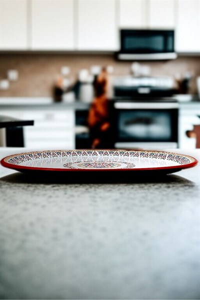 70 No kırmızı kenar Emaye Sini Sofra, Yemek Sunum Tepsi, Yer Sofrası Çinko ~68 Cm kalınlık:1mm