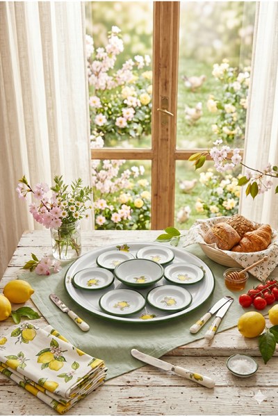 8 Parça Emaye Kahvaltı Seti, Sunum, Kahvaltı Tabağı, Reçellik, Zeytin, Peynir Tabağı, Çeyiz, Hediye