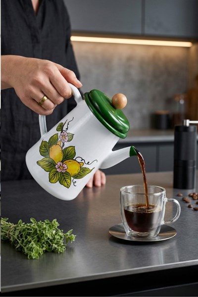 Limon Desen Yeşil Kapak Yağdanlık, Kahve Demliği ,Çay Demliği , Kahve Potu , Kamp Demliği ,Hediye