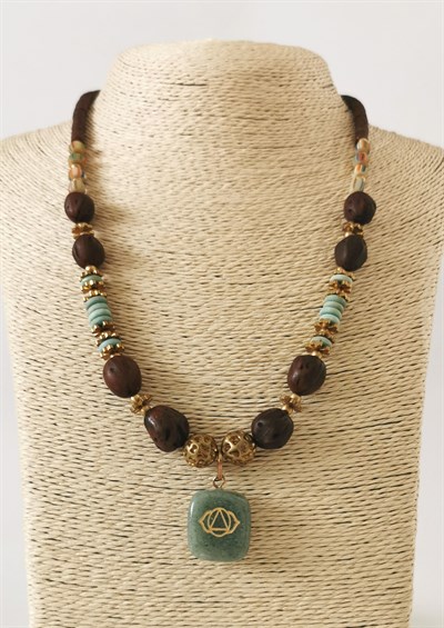 Doğal Taş Detaylı Ahşap Boncuklu Bohem Etnik Tasarım Kolye