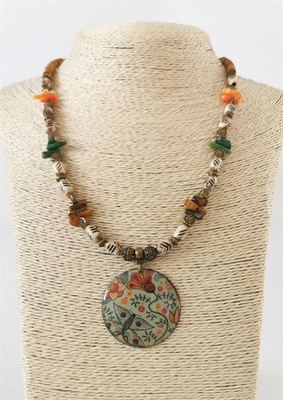 Doğal Taş Detaylı Etnik Desenli Bohem Tasarım Kolye