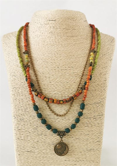 Doğal Taşlı Pirinç Detaylı Çoklu Dizi Etnik Bohem Kolye