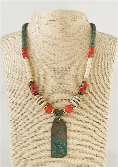 Doğal Taşlı Pirinç Detaylı Etnik Bohem Tasarım Kadın Kolye