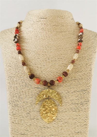 Doğal Taşlı Pirinç Madalyon Etnik Bohem Tasarım Kadın Kolye