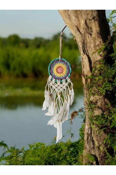 El Yapımı Ahşap Kasnak Renkli Örgü Dantel ve Kuş Tüyü Süslemeli Düş Kapanı Dreamcatcher 10x50 cm