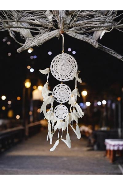 El Yapımı Beyaz Örgü Dantel ve Kuş Tüyü Süslemeli 3'lü Düş Kapanı Dreamcatcher