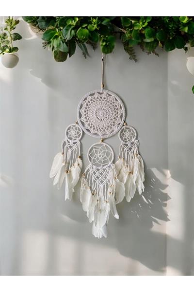 El Yapımı Beyaz Örgü Dantel ve Kuş Tüyü Süslemeli 4'lü Düş Kapanı Dreamcatcher