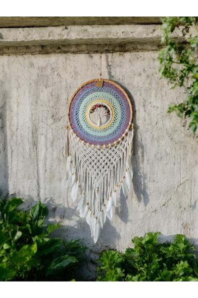 El Yapımı Renkli Ahşap Boncuklu Örgü Ağaç Desen Düş Kapanı Dreamcatcher 42x120 cm