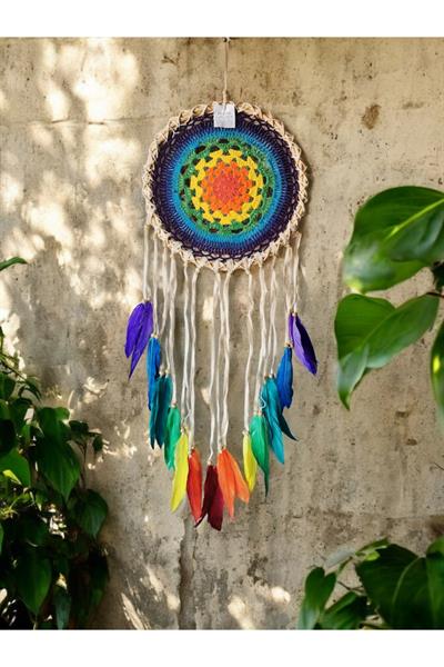 El Yapımı Renkli Örgü Dantel ve Kuş Tüyü Süslemeli Düş Kapanı Dreamcatcher 33x100 cm