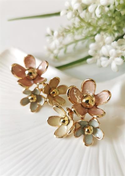 Gold Detaylı Mine Kaplama 3' lü Çiçekli Küpe