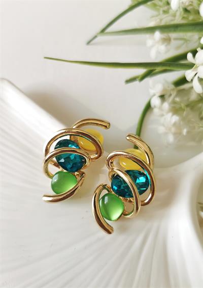 Gold Detaylı Sarı Lacivert Yeşil Taşlı Sarmal Küpe 