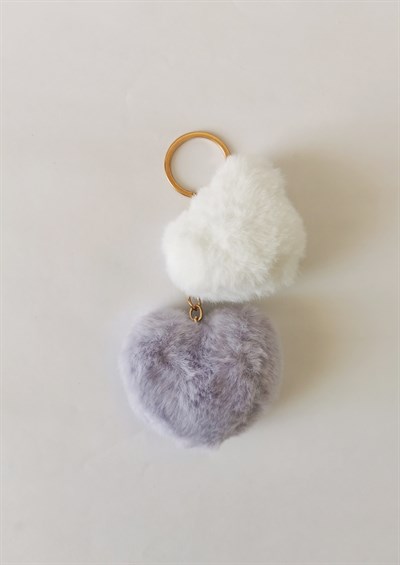 İkili Peluş Kalp Charm Anahtarlık Eflatun Beyaz – Çanta Süsü Sevimli Yumuşak Aksesuar