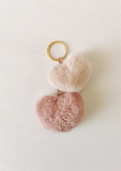 İkili Peluş Kalp Charm Anahtarlık  Gül Kurusu Ekru– Çanta Süsü Sevimli Yumuşak Aksesuar