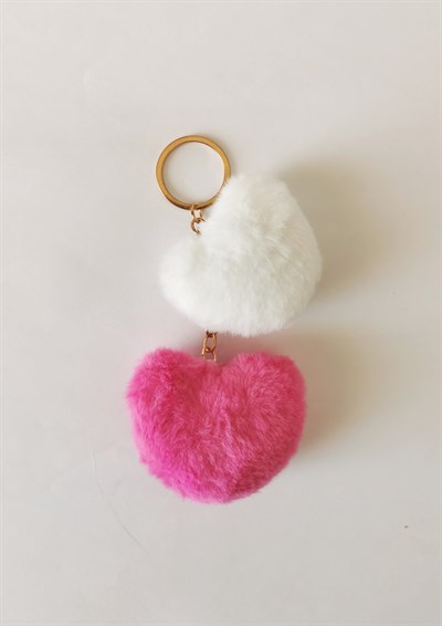 İkili Peluş Kalp Charm Anahtarlık Pembe Beyaz – Çanta Süsü Sevimli Yumuşak Aksesuar