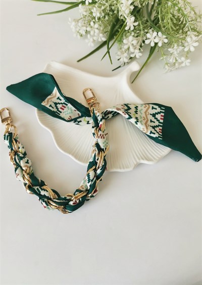 Kahverengi Fularlı Çanta Aksesuarı Charm 40 cm Gold Zincir Detaylı Şık Çanta Süsü