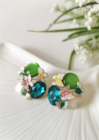 Kelebek Figürlü Mavi Beyaz Lacivert Taşlı Gold Küpe 