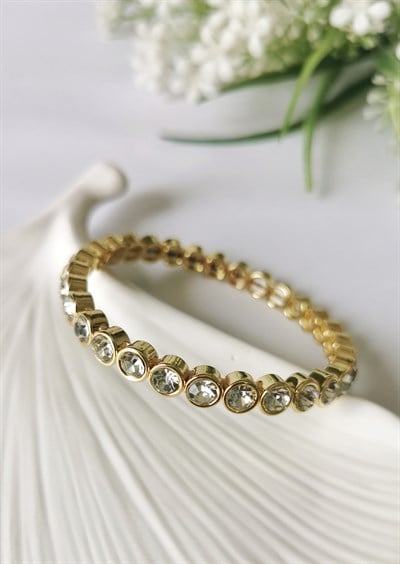Kristal Taşlı Çelik Bileklik – Lastikli Gold Tasarım