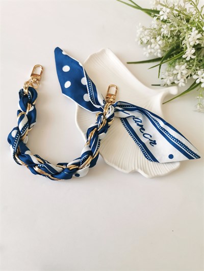 Mavi Fularlı Çanta Aksesuarı Charm 40 cm Gold Zincir Detaylı Şık Çanta Süsü