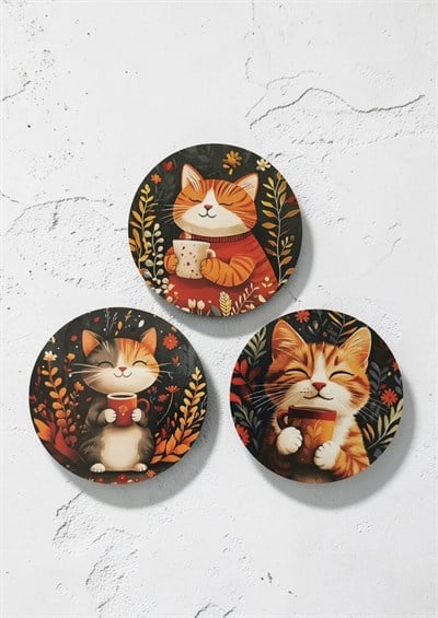 Sevimli Kedi ve Kahve Temalı Dekoratif Ahşap Bardak Altlığı Çap 10 cm