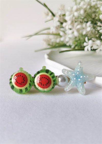 Simli Denizyıldızı & Karpuz Desenli Pensli Toka – 6x2,5 cm