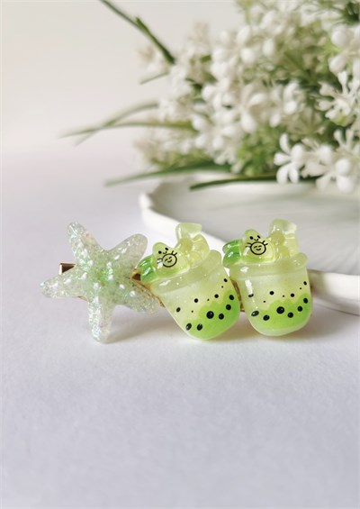 Simli Denizyıldızı & Kivili İçecek Desenli Pensli Toka – 6x2,5 cm