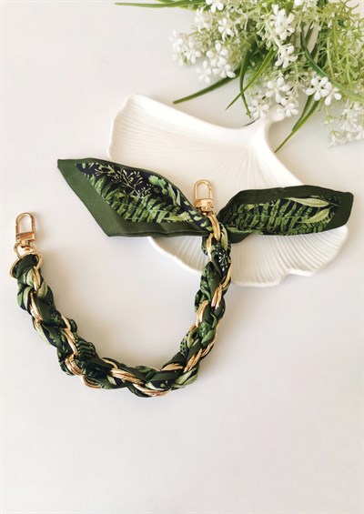 Yeşil Fularlı Çanta Aksesuarı Charm 40 cm Gold Zincir Detaylı Şık Çanta Süsü