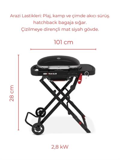 Weber Traveler Compact – Stealth Siyah 49 × 26 cm Döküm Izgara | 2,8 kW Brülör | Tek Pedalla Katlanır