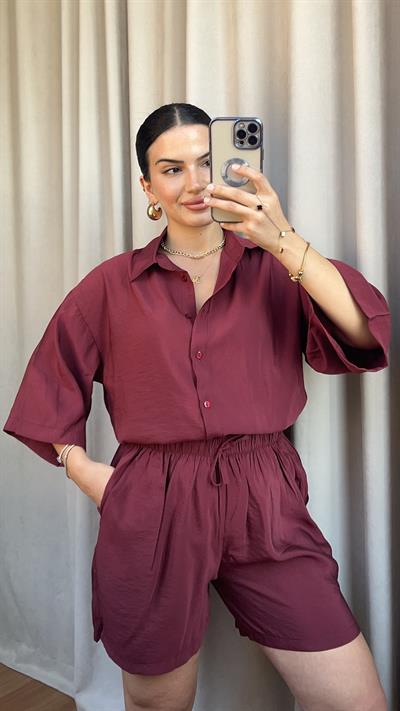 BORDO TULİP GÖMLEK ŞORT TAKIM
