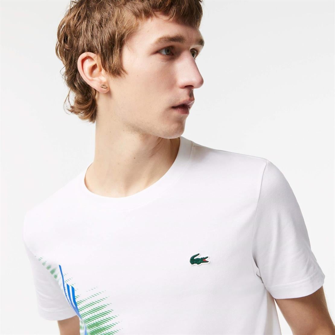 Lacoste SPORT Erkek Regular Fit Bisiklet Yaka Organik Pamuk Baskılı Beyaz T-Shirt