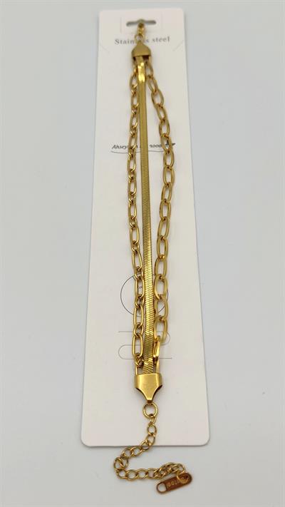 iki kalın zincirli italyan zincir üçlü çelik bileklik (gold renk)