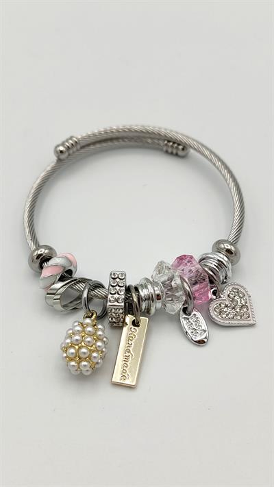 incili kozalak ve kalp charm çelik pandora bileklik (gümüş renk)