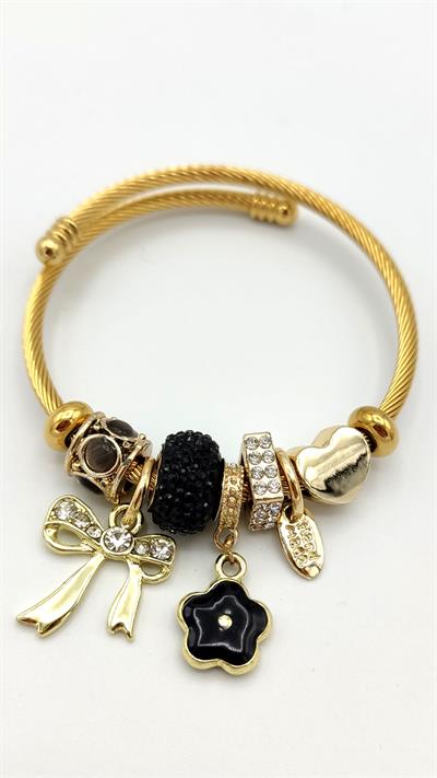 kurdele fiyonk ve mini çiçek charm çelik pandora bileklik (gold renk)