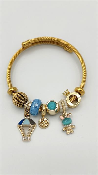 mavi balon ve tavşan charm çelik pandora bileklik (gold renk)