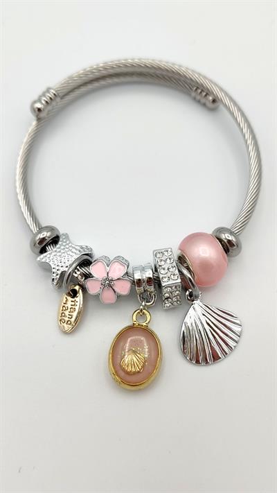 pembe deniz kabuğu charm çelik pandora bileklik (gümüş renk)