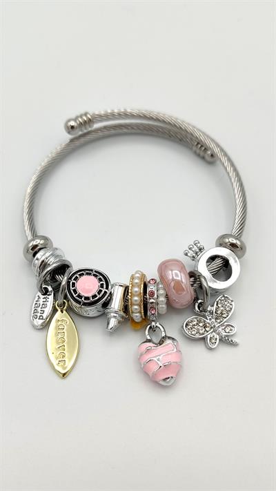 pembe kalp ve kelebek charm çelik pandora bileklik (gümüş renk)