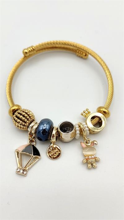 pudra balon ve tavşan charm çelik pandora bileklik (gold renk)