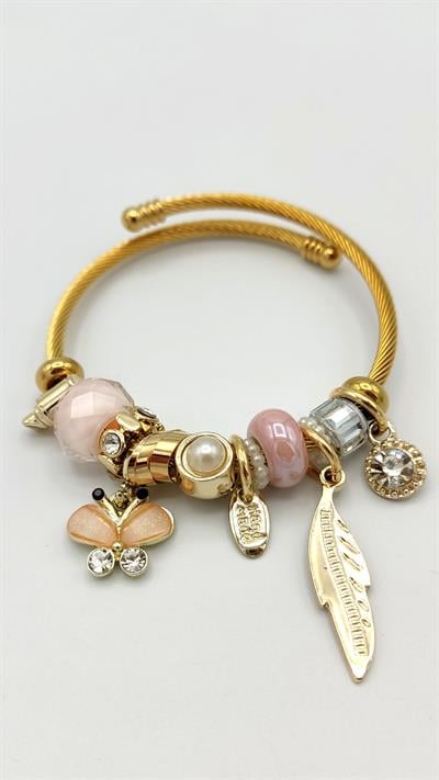 pudra ton kelebek ve yaprak charm çelik pandora bileklik (gold renk)