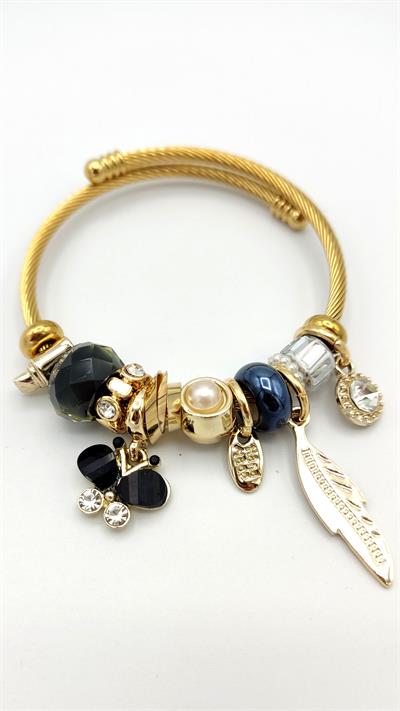 siyah kelebek ve yaprak charm çelik pandora bileklik (gold renk)