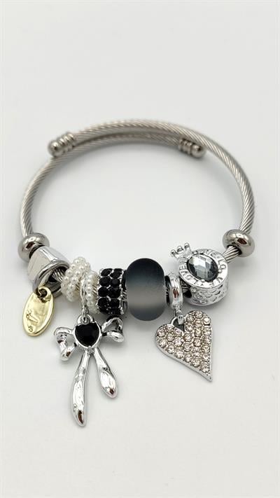 taşlı kalp charm çelik pandora bileklik (gümüş renk)